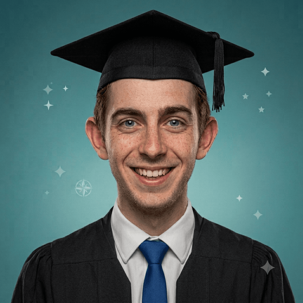 Young man proudly wearing graduation cap and gown