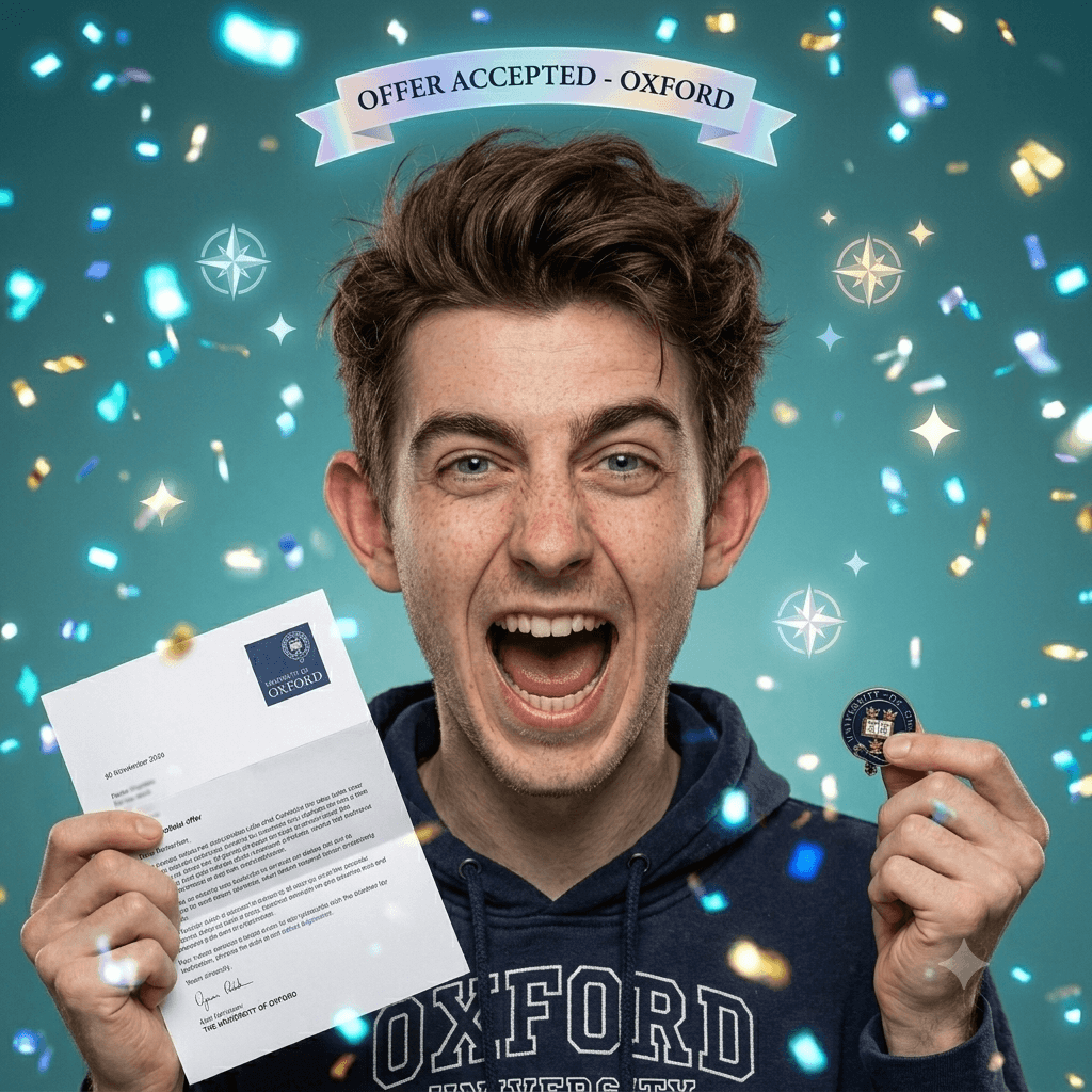 Young man celebrating with a university offer letter
