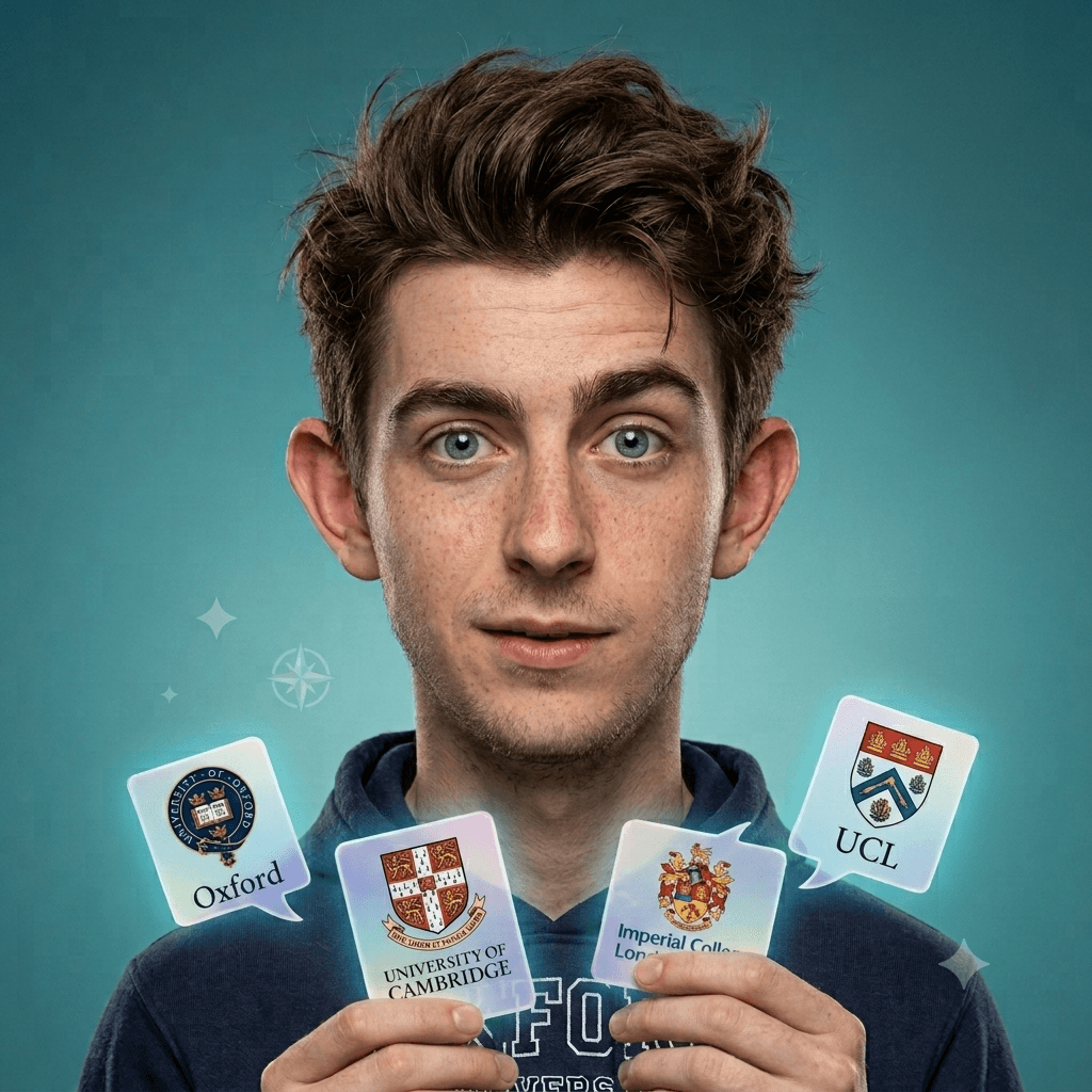 Young man holding university cards, reviewing his prediction