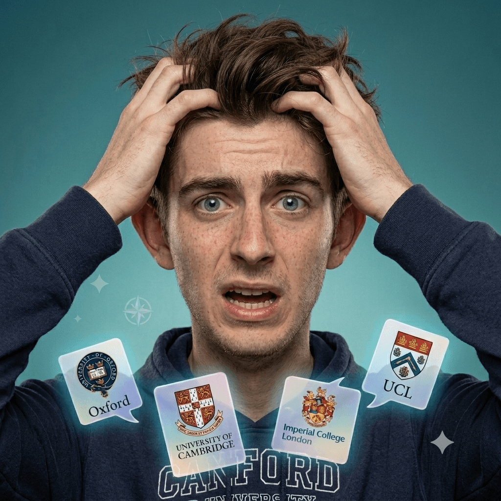 A student holding his head, surrounded by university crests